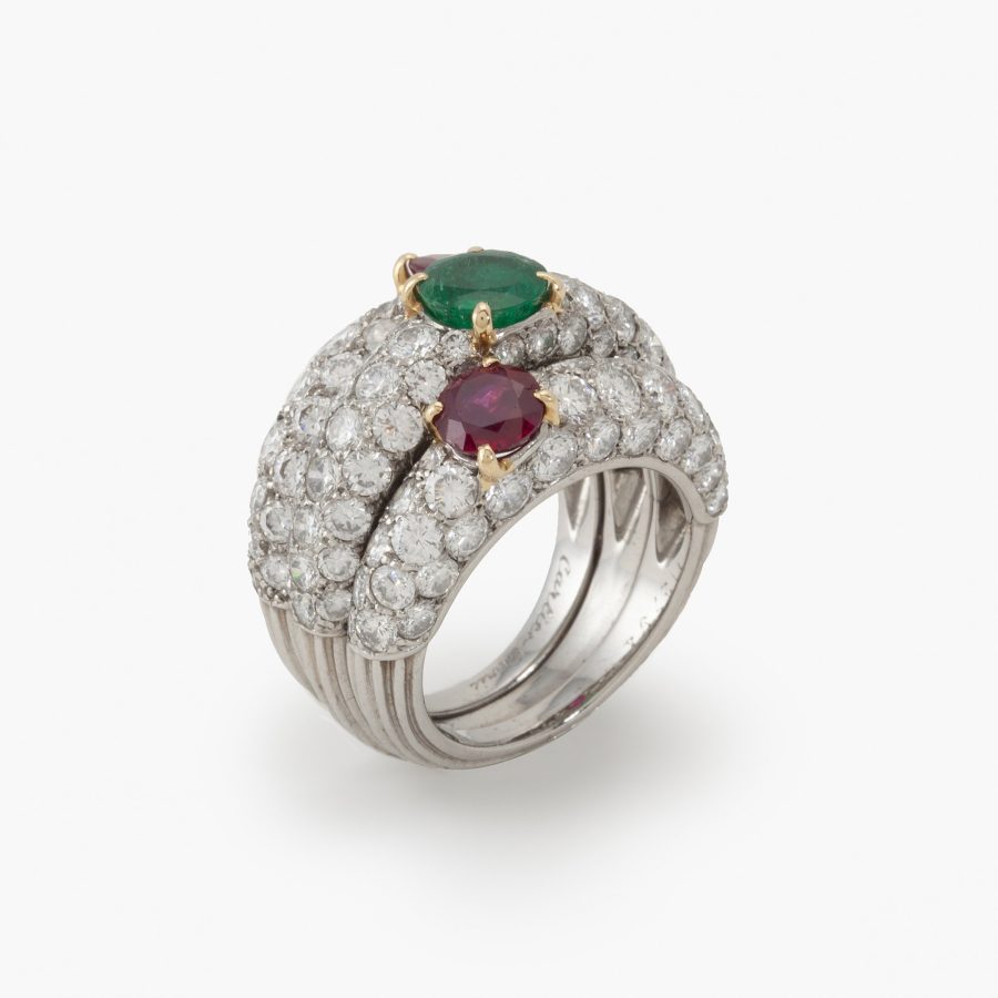 Cartier triple bombé ring diamonds emerald ruby ca 1960