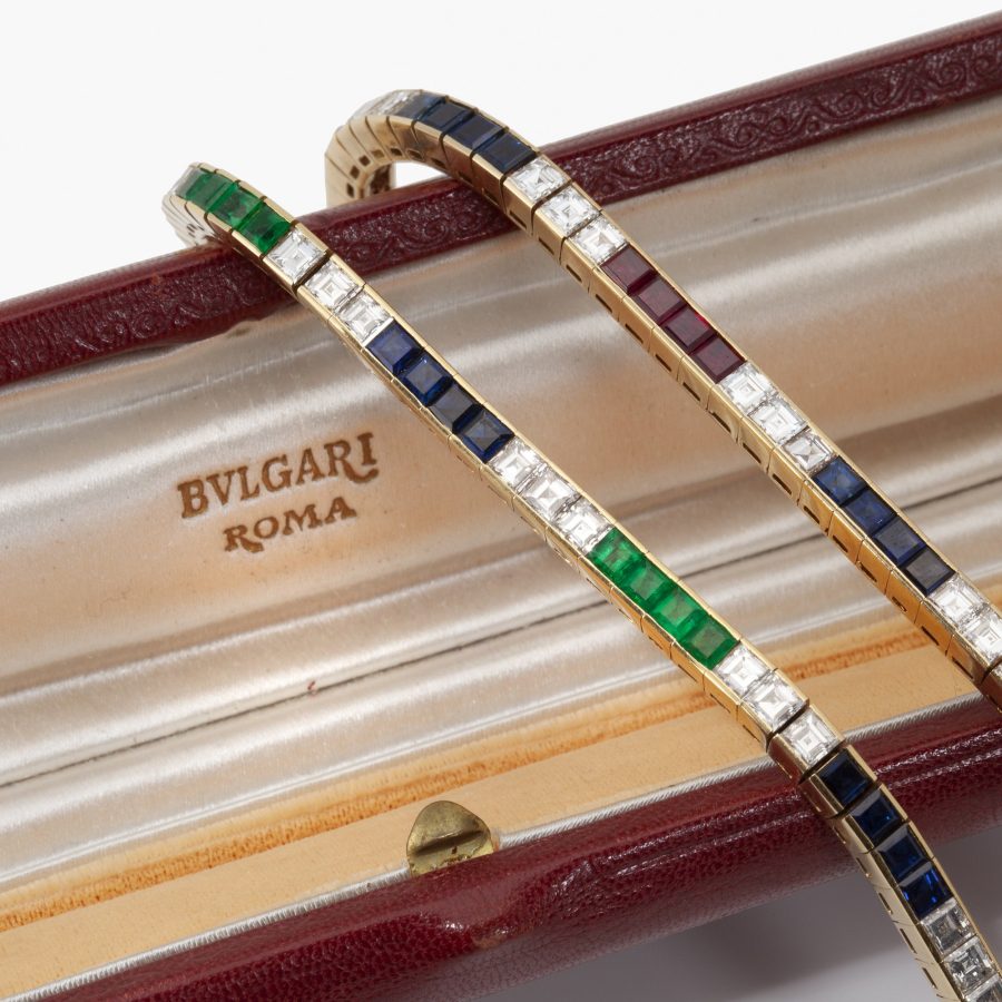 Bvlgari set of two line bracelets diamond ruby emerald blue sapphire