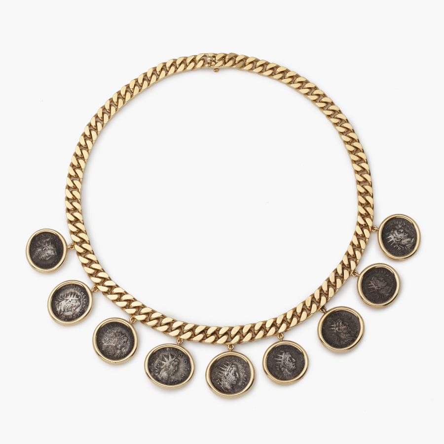 Bvlgari yellow gold 'Monete' curb chain necklace with antique silver coins