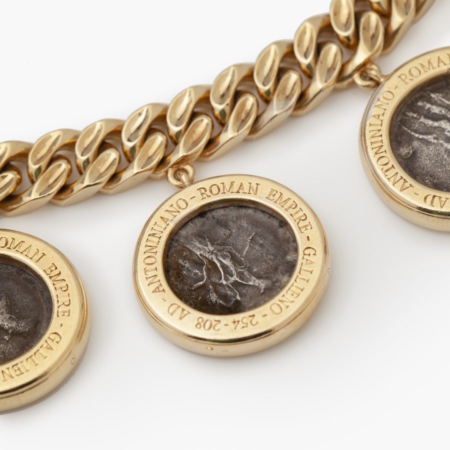 Bvlgari yellow gold 'Monete' curb chain necklace with antique silver coins
