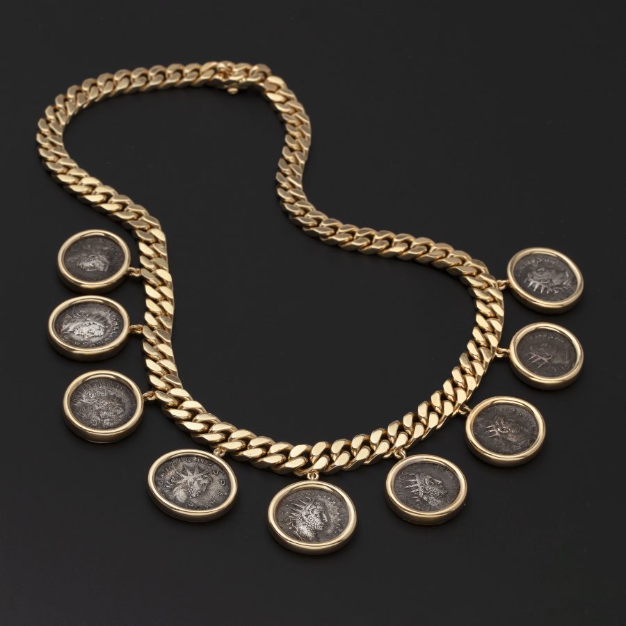 Bvlgari yellow gold 'Monete' curb chain necklace with antique silver coins