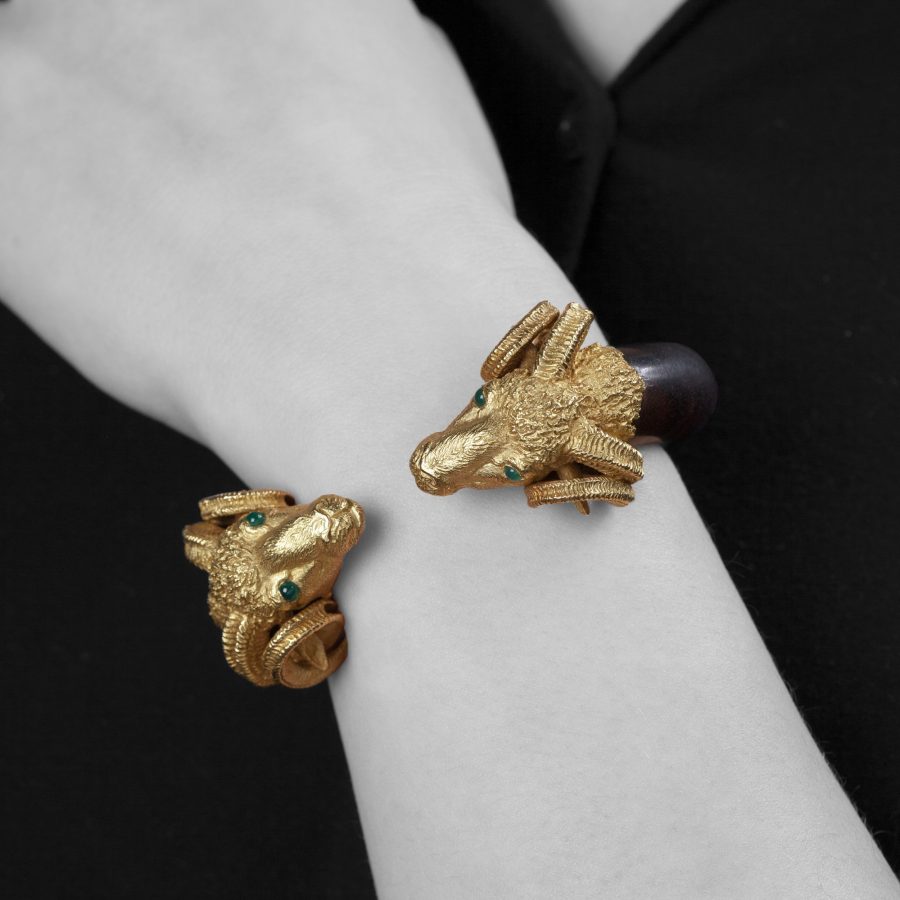 Gay Frères France wood bangle with yellow gold ram's heads ca 1970.