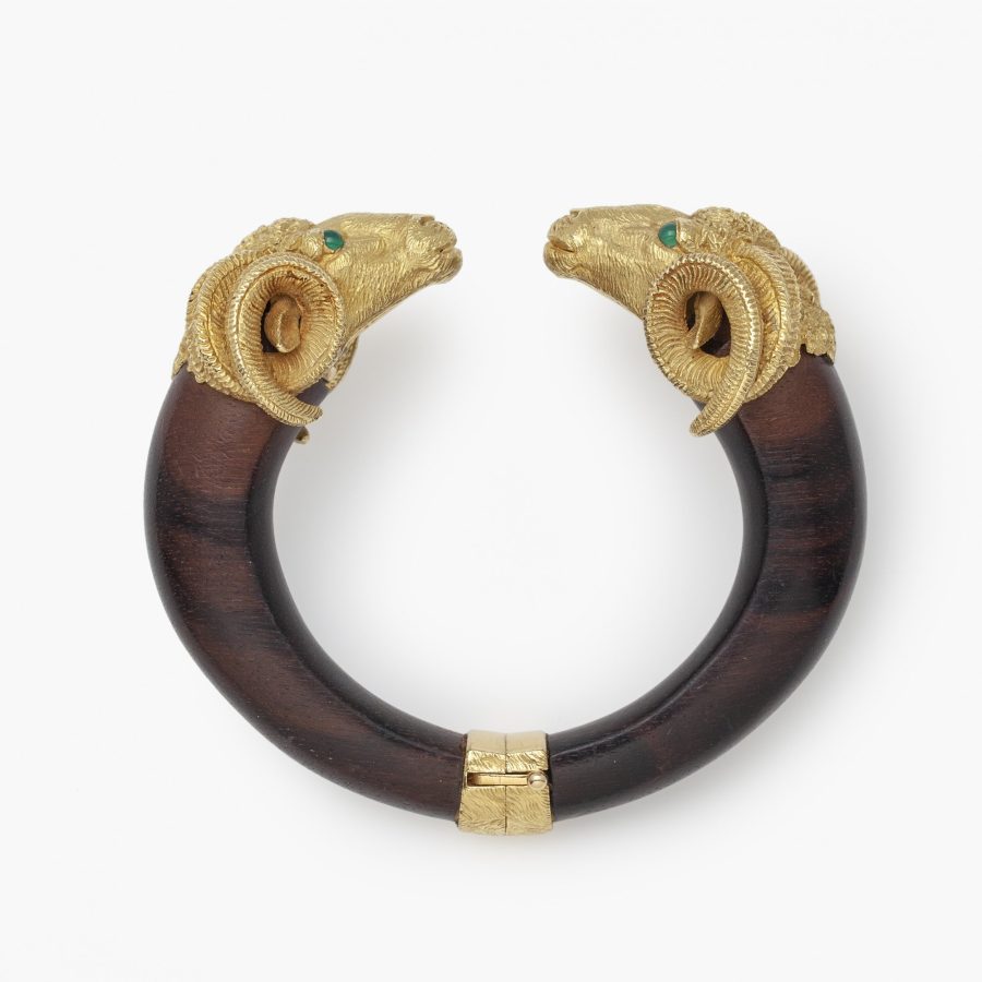 Gay Frères France wood bangle with yellow gold ram's heads ca 1970.