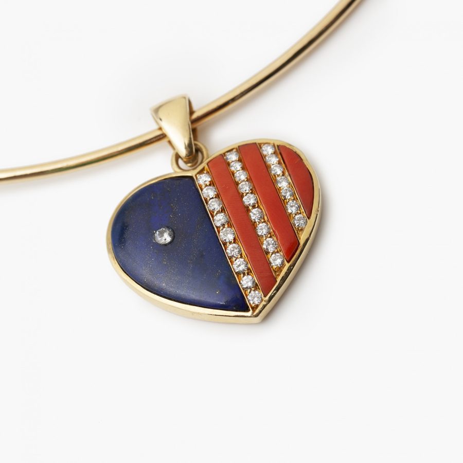 Bvlgari Italy gold heart pendant lapis lazuli coral diamond choker collar Italy 1960s
