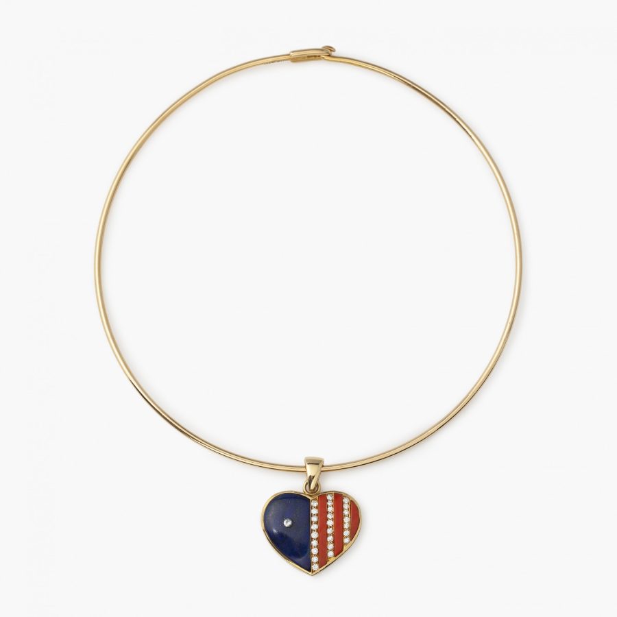 Bvlgari Italy gold heart pendant lapis lazuli coral diamond choker collar Italy 1960s