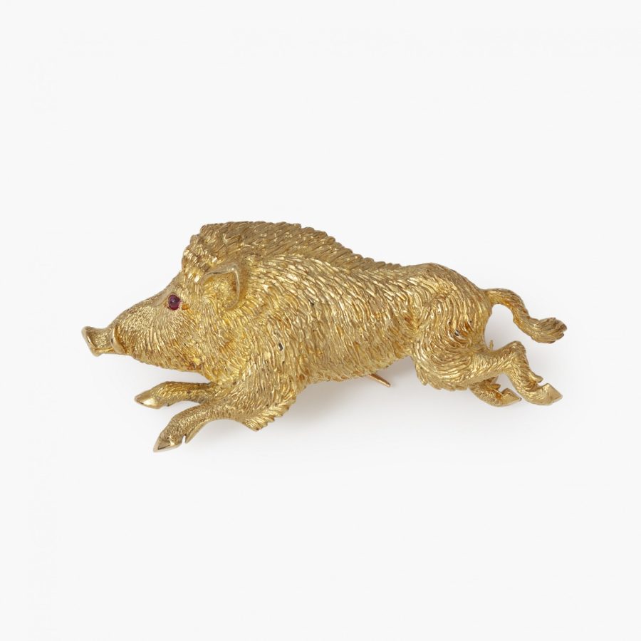 Hermès Paris yellow gold brooch running wild boar ca 1970