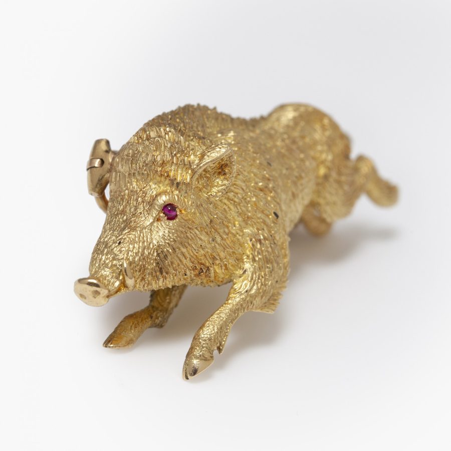 Hermès Paris yellow gold brooch running wild boar ca 1970