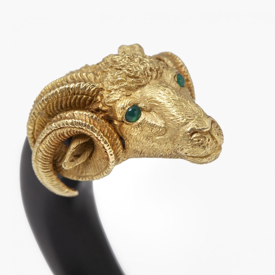 Gay Frères France wood bangle with yellow gold ram's heads ca 1970.