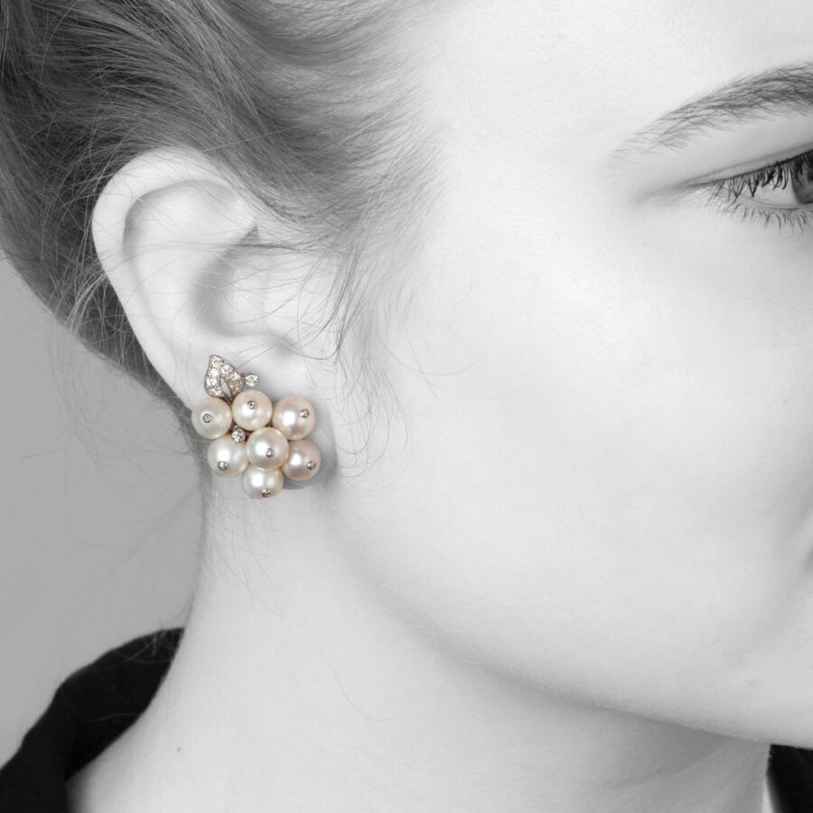 René Boivin pearl and diamond cluster earrings Paris ca 1935
