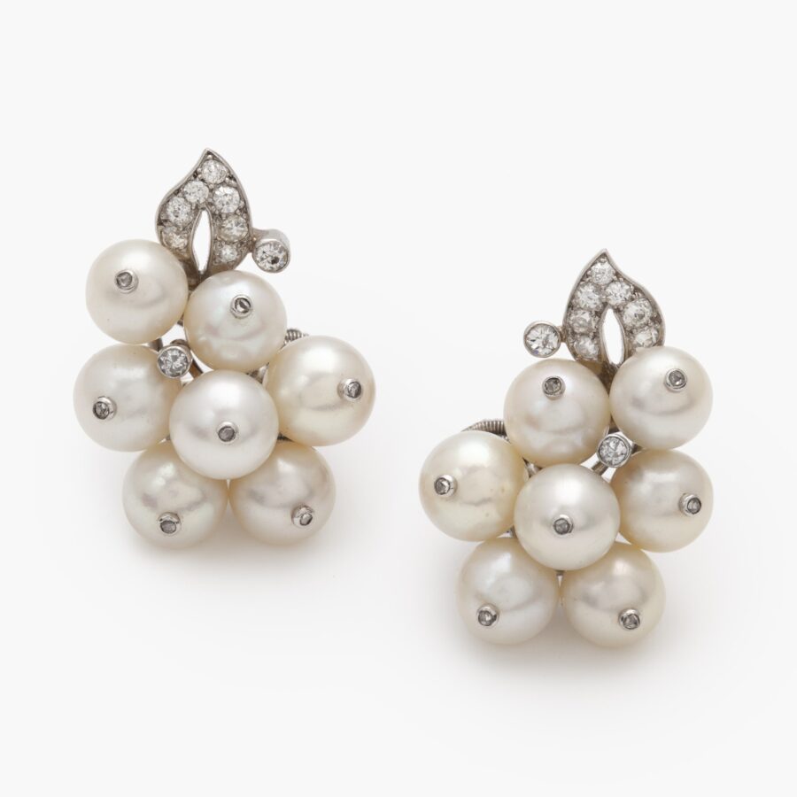 René Boivin pearl and diamond cluster earrings Paris ca 1935