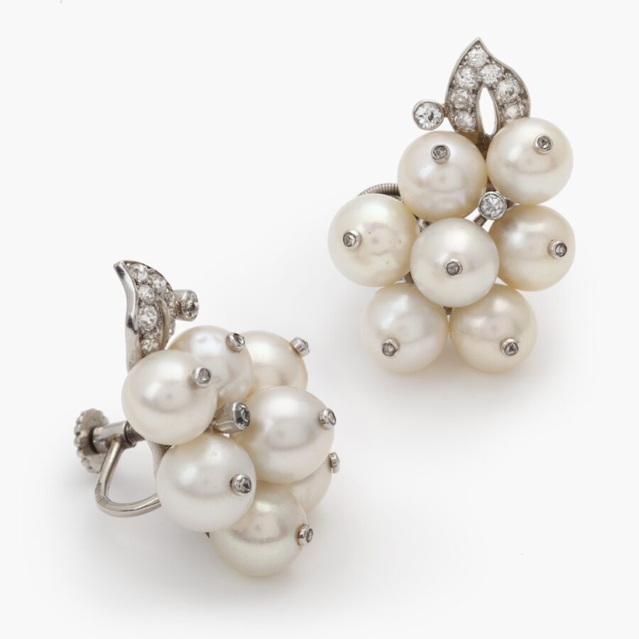 René Boivin pearl and diamond cluster earrings Paris ca 1935