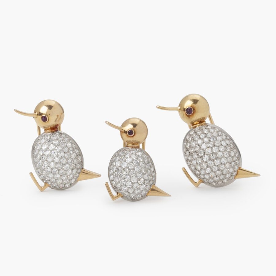 Set of three chick brooches set with diamonds, ca 1960