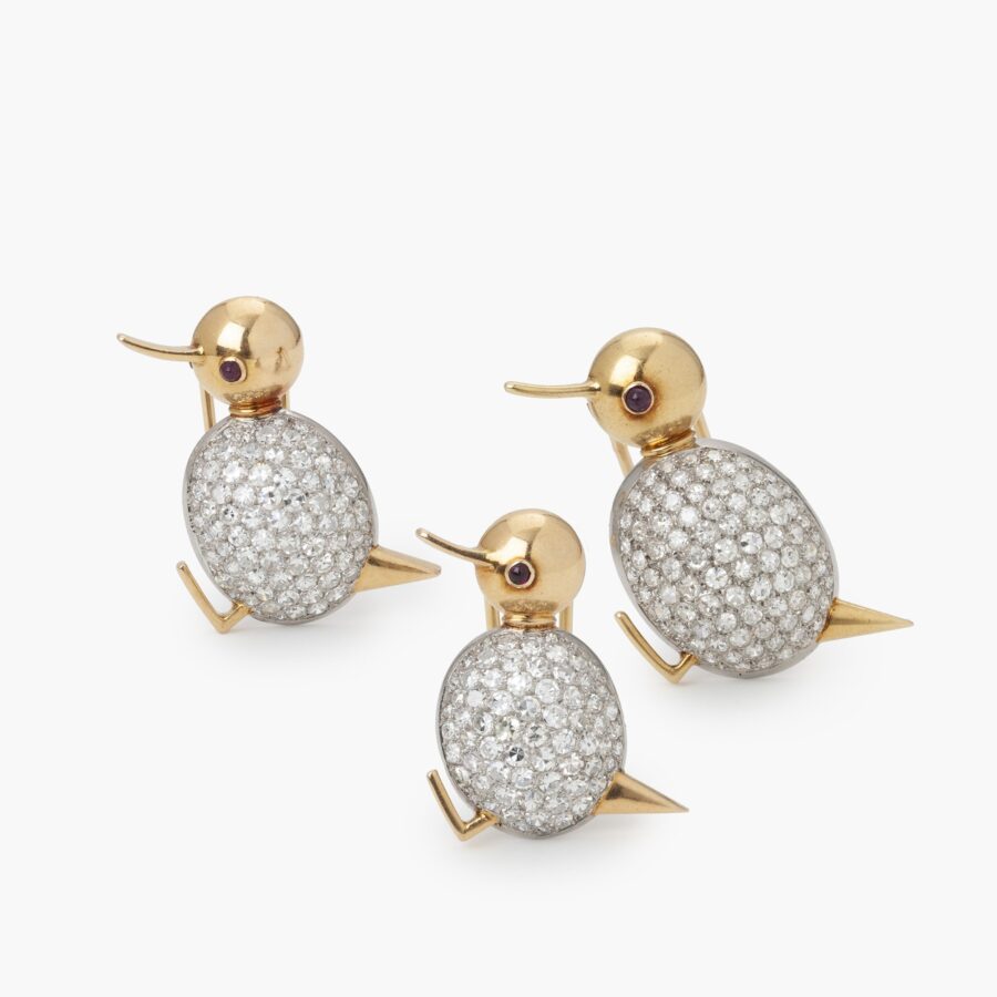 Set of three chick brooches set with diamonds, ca 1960