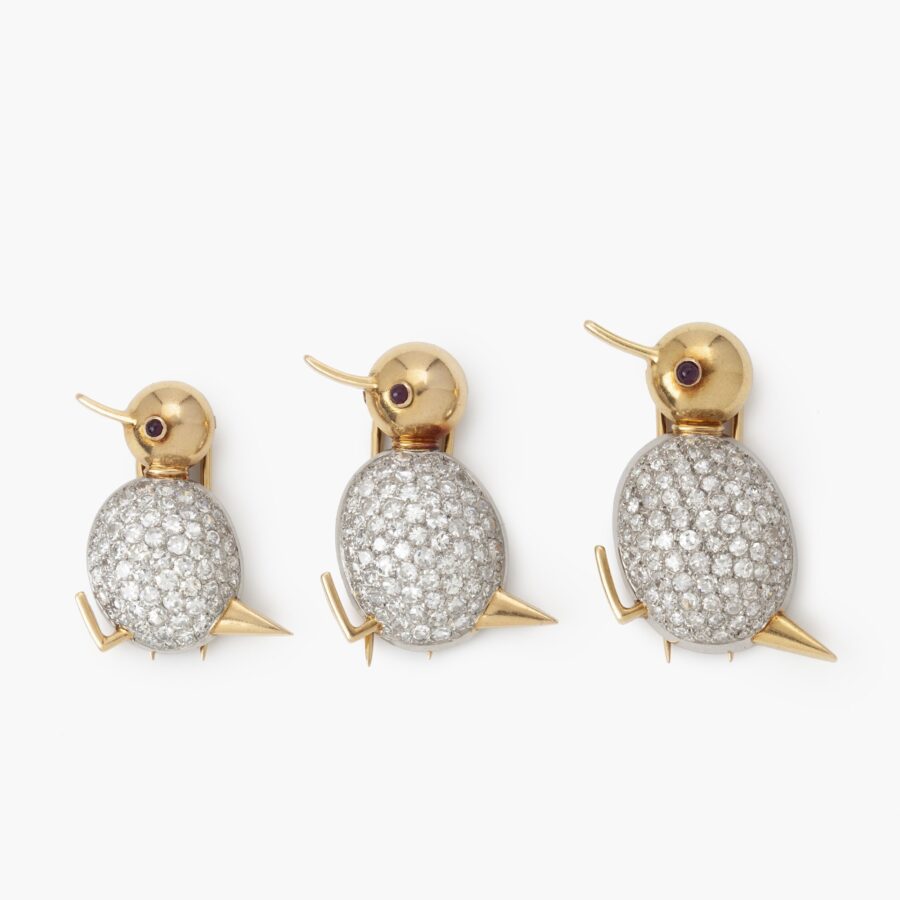 Set of three chick brooches set with diamonds, ca 1960