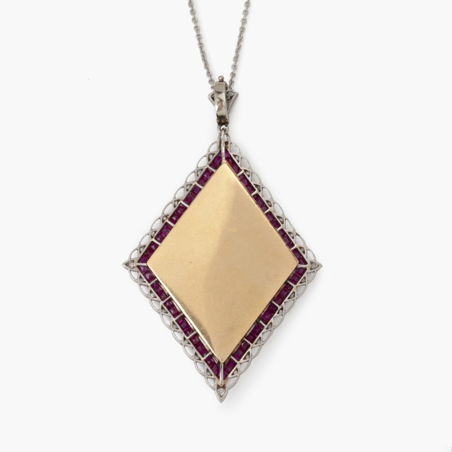 Art Deco yellow gold and platinum pendant locket set with rubies and diamonds made ca 1915