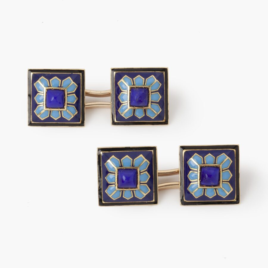 Antique yellow gold, enamel and lapis lazuli double cuff links, Paris, ca 1890