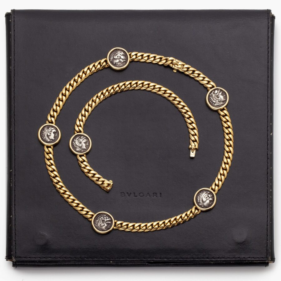 Bvlgari yellow gold Monete necklace and bracelet set with antique silver coins, made in Italy