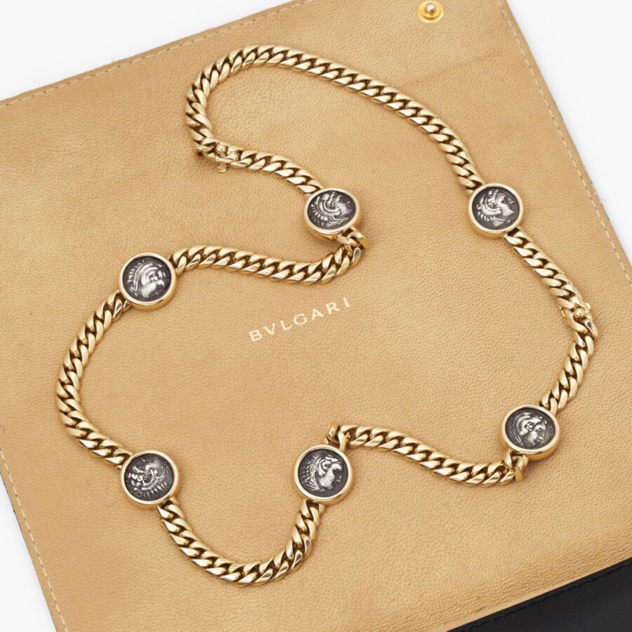 Bvlgari yellow gold Monete necklace and bracelet set with antique silver coins, made in Italy