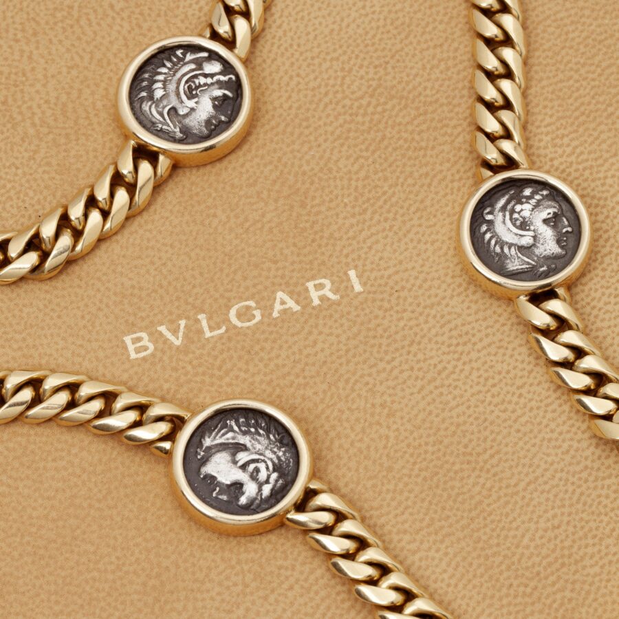 Bvlgari yellow gold Monete necklace and bracelet set with antique silver coins, made in Italy