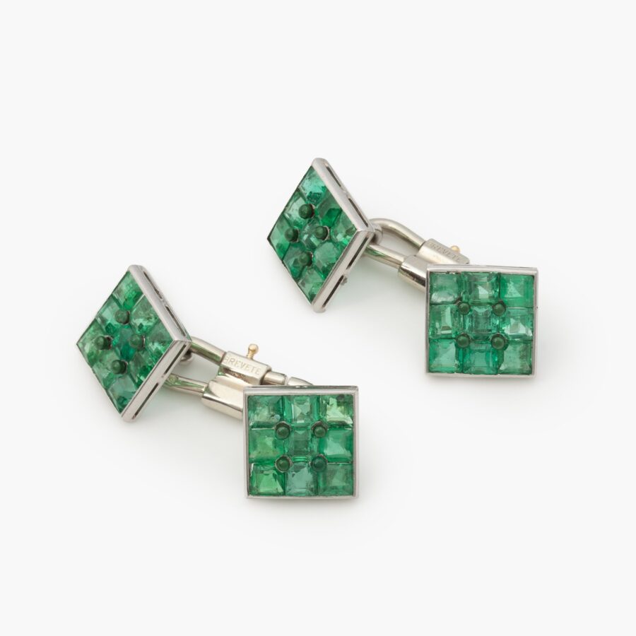 Platinum double emerald set cufflinks, made in France, ca 1950.