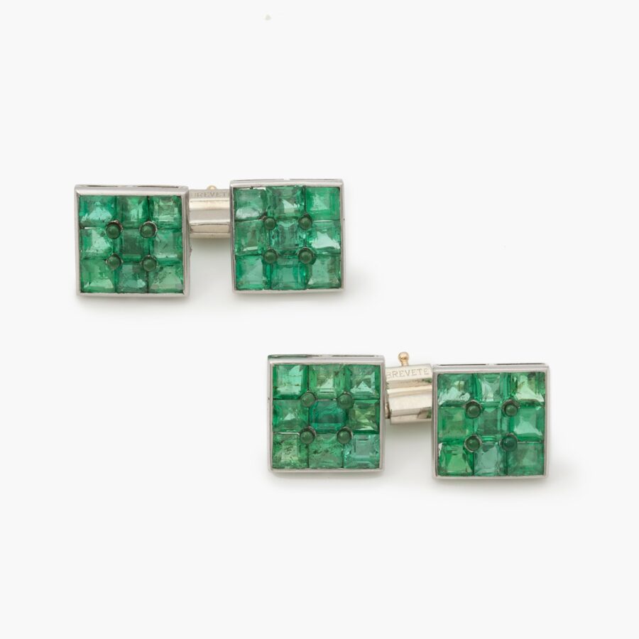 Platinum double emerald set cufflinks, made in France, ca 1950.