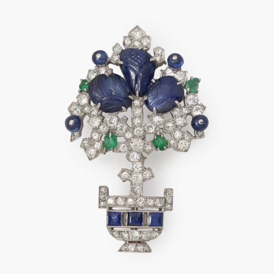 Platinum flower pot brooch set with diamond, sapphire and emerald made ca 1950