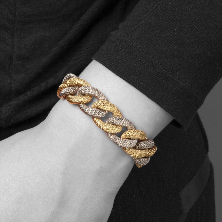 Georges Lenfant white and yellow gold braided gold wire curb chain bracelet, Paris, ca 1970