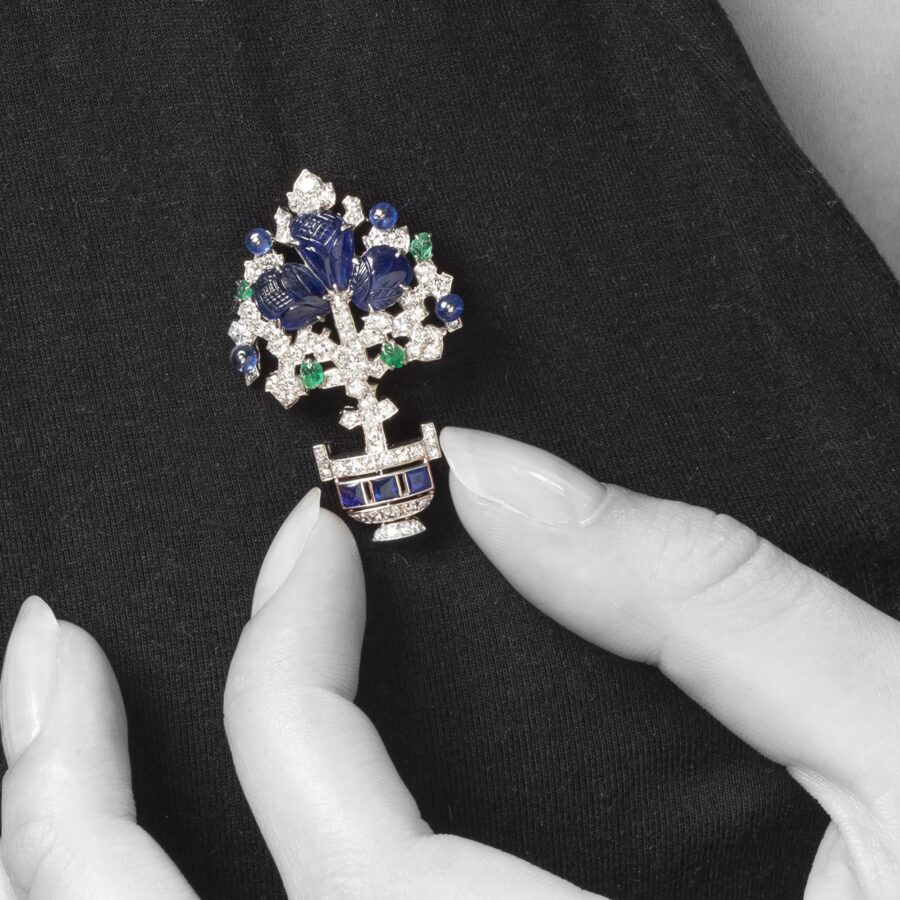 Platinum flower pot brooch set with diamond, sapphire and emerald made ca 1950
