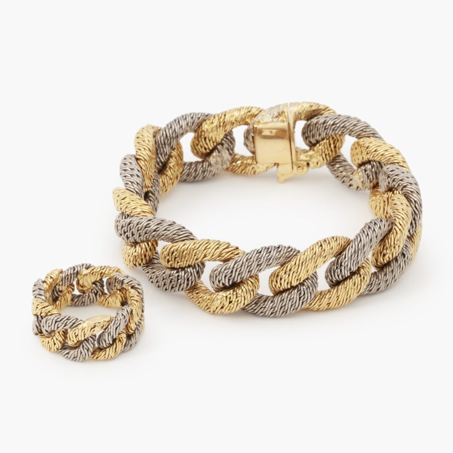 Georges Lenfant white and yellow gold braided gold wire curb chain bracelet with matching ring, Paris, ca 1970