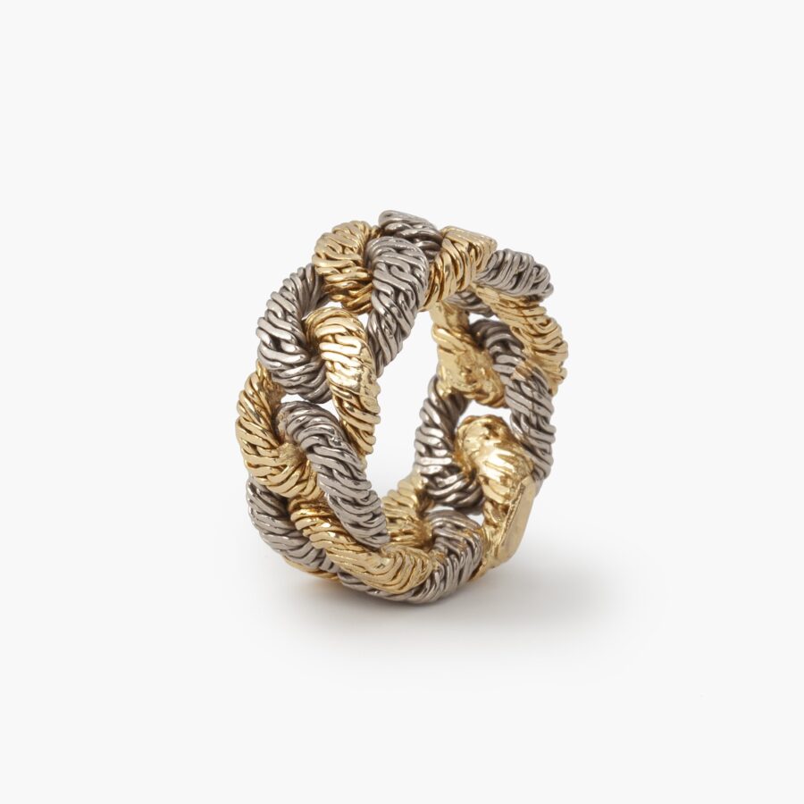 Georges Lenfant white and yellow gold braided gold wire curb chain ring, Paris, ca 1970