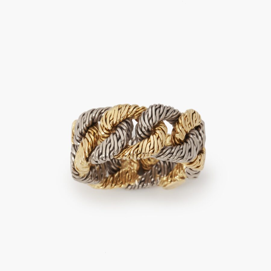 Georges Lenfant white and yellow gold braided gold wire curb chain ring, Paris, ca 1970