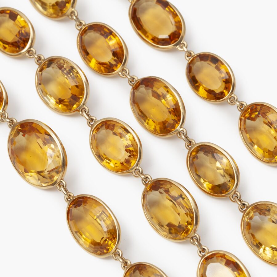 Yellow gold longchain set with citrines, signed Marchak Paris, ca 1960