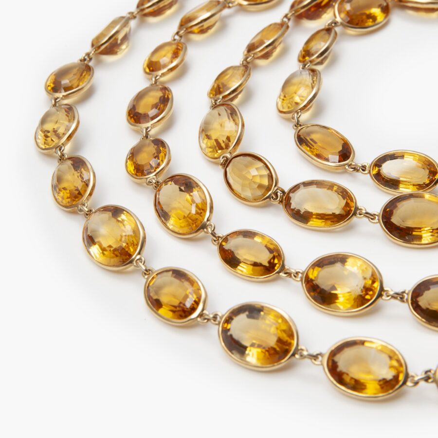 Yellow gold longchain set with citrines, signed Marchak Paris, ca 1960