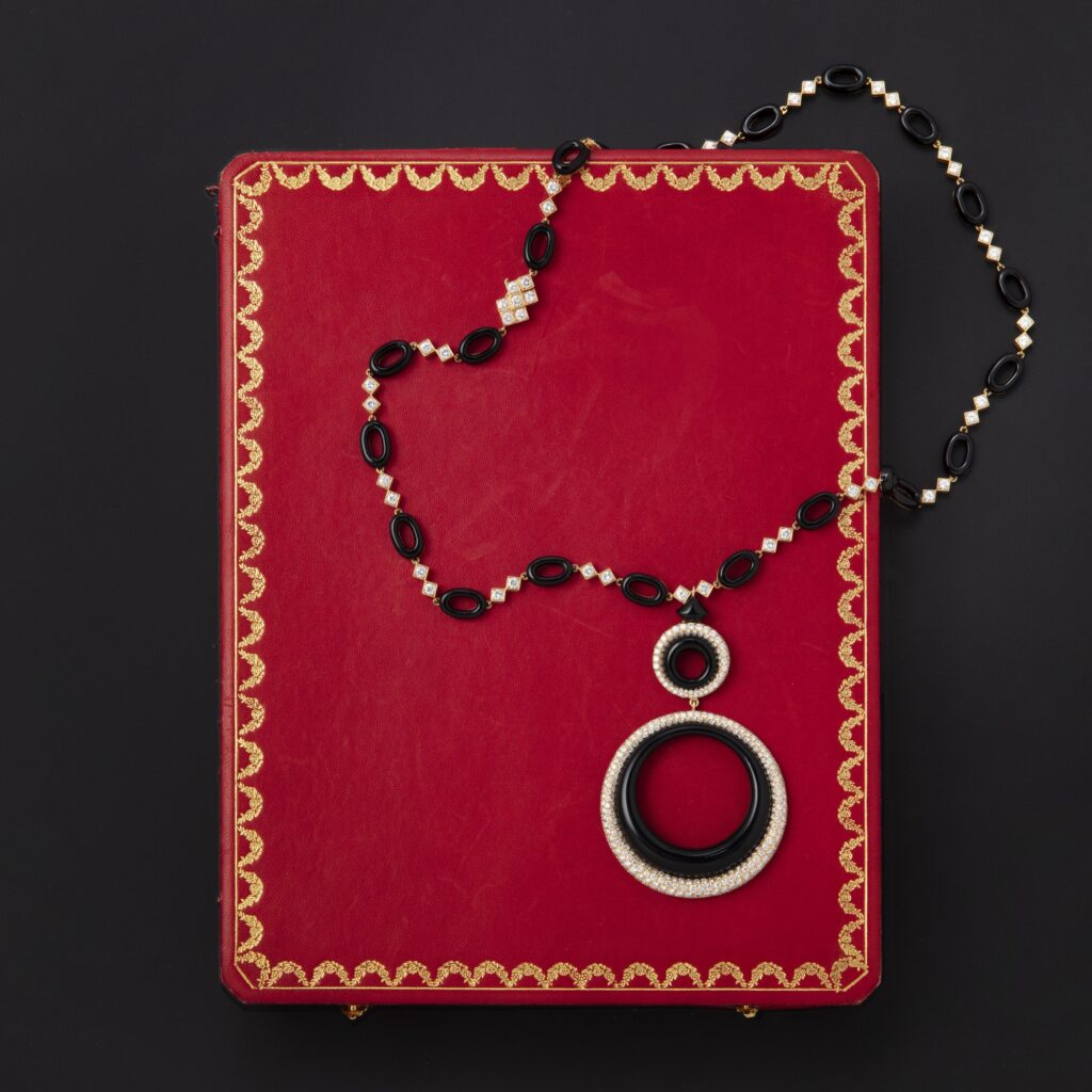 Cartier yellow gold onyx and diamond necklace with detachable pendant made in Paris, ca 1970