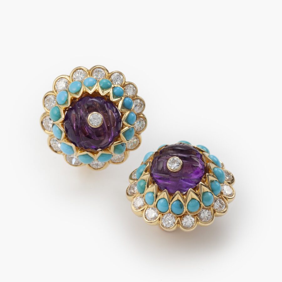 A pair of eighteen carat yellow gold clip earrings, easet with amethyst, diamond and turquoises. Signed Monture Cartier, Paris, ca 1960.