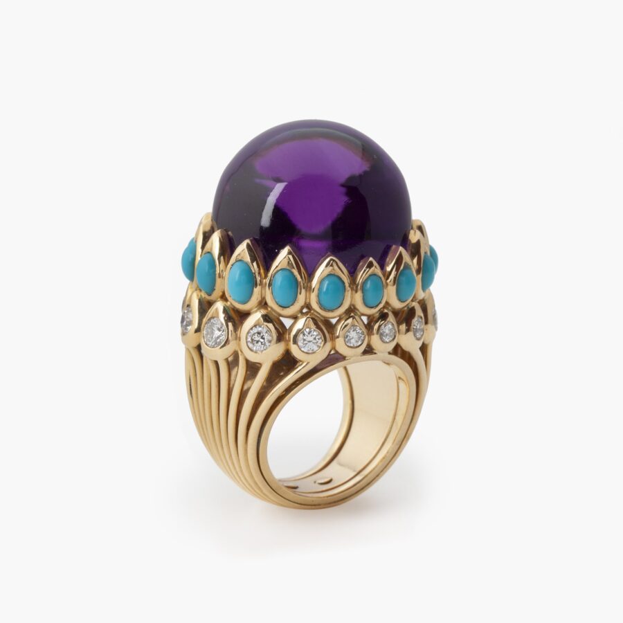 An eighteen carat yellow gold ring set with amethyst, turquoises and brilliant cut diamonds. Signed Cartier Paris, made ca 1960, and numbered. 