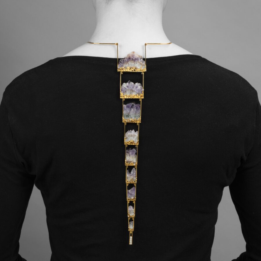 An eighteen carat yellow gold necklace comprising set with amethyst crystals and diamonds. Signed Jean Vendom, made in Paris, ca 1967-68. In original case.