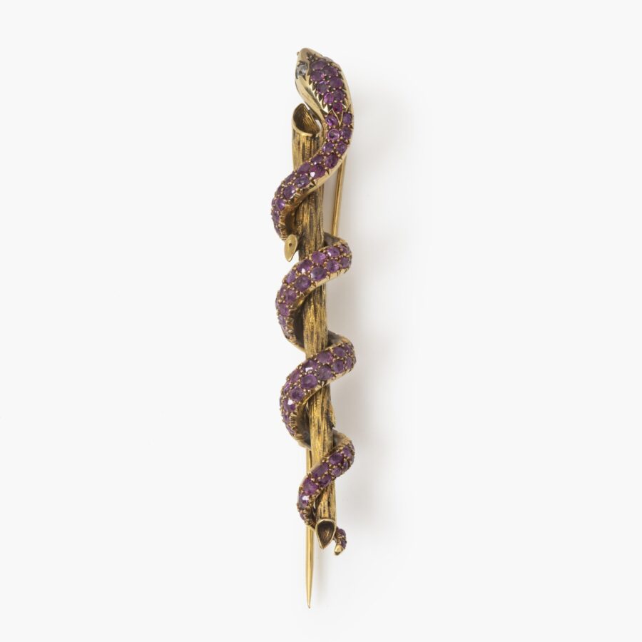 An eighteen carat yellow gold brooch designed as a snake that wraps itself around a branch, the body fully pavé set with facetted rubies and two diamonds for eyes, the branch organically etched. Made in the Netherlands, ca 1890.
