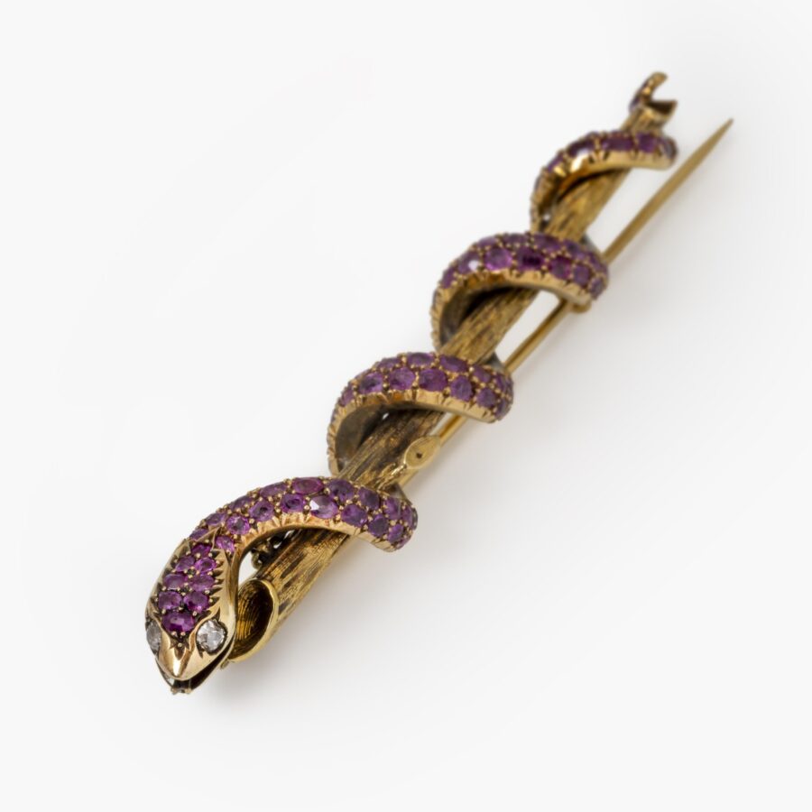 An eighteen carat yellow gold brooch designed as a snake that wraps itself around a branch, the body fully pavé set with facetted rubies and two diamonds for eyes, the branch organically etched. Made in the Netherlands, ca 1890.