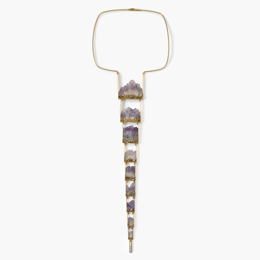 An eighteen carat yellow gold necklace comprising set with amethyst crystals and diamonds. Signed Jean Vendom, made in Paris, ca 1967-68. In original case.