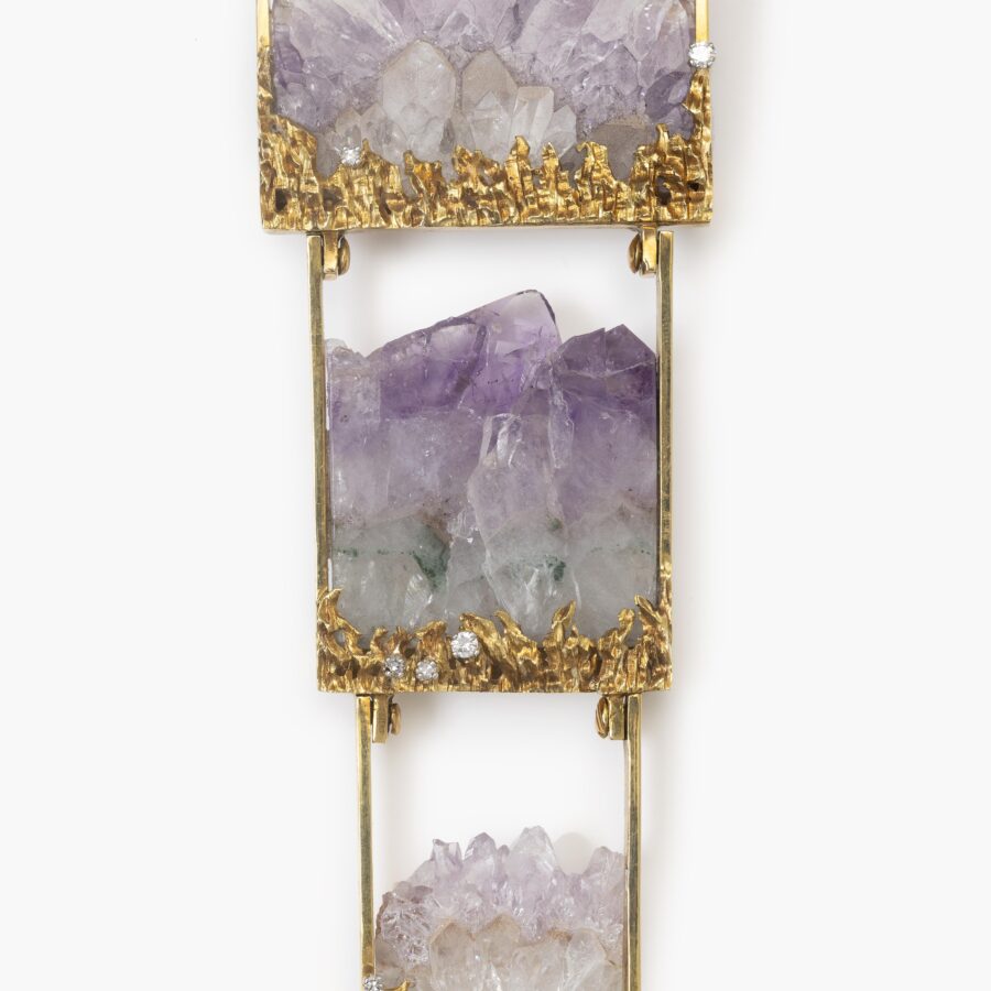An eighteen carat yellow gold necklace comprising set with amethyst crystals and diamonds. Signed Jean Vendom, made in Paris, ca 1967-68. In original case.