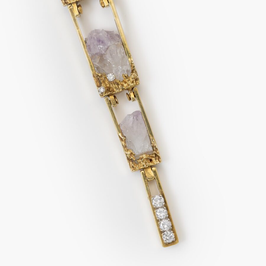 An eighteen carat yellow gold necklace comprising set with amethyst crystals and diamonds. Signed Jean Vendom, made in Paris, ca 1967-68. In original case.