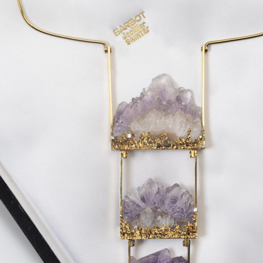 An eighteen carat yellow gold necklace comprising set with amethyst crystals and diamonds. Signed Jean Vendom, made in Paris, ca 1967-68. In original case.