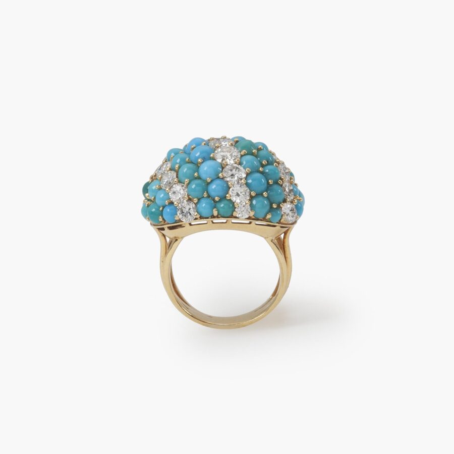 Bracelet with matching clip earrings and ring, all set with cabochon cut turquoise and diamond, with maker's mark of Georland, Paris, made ca 1960.