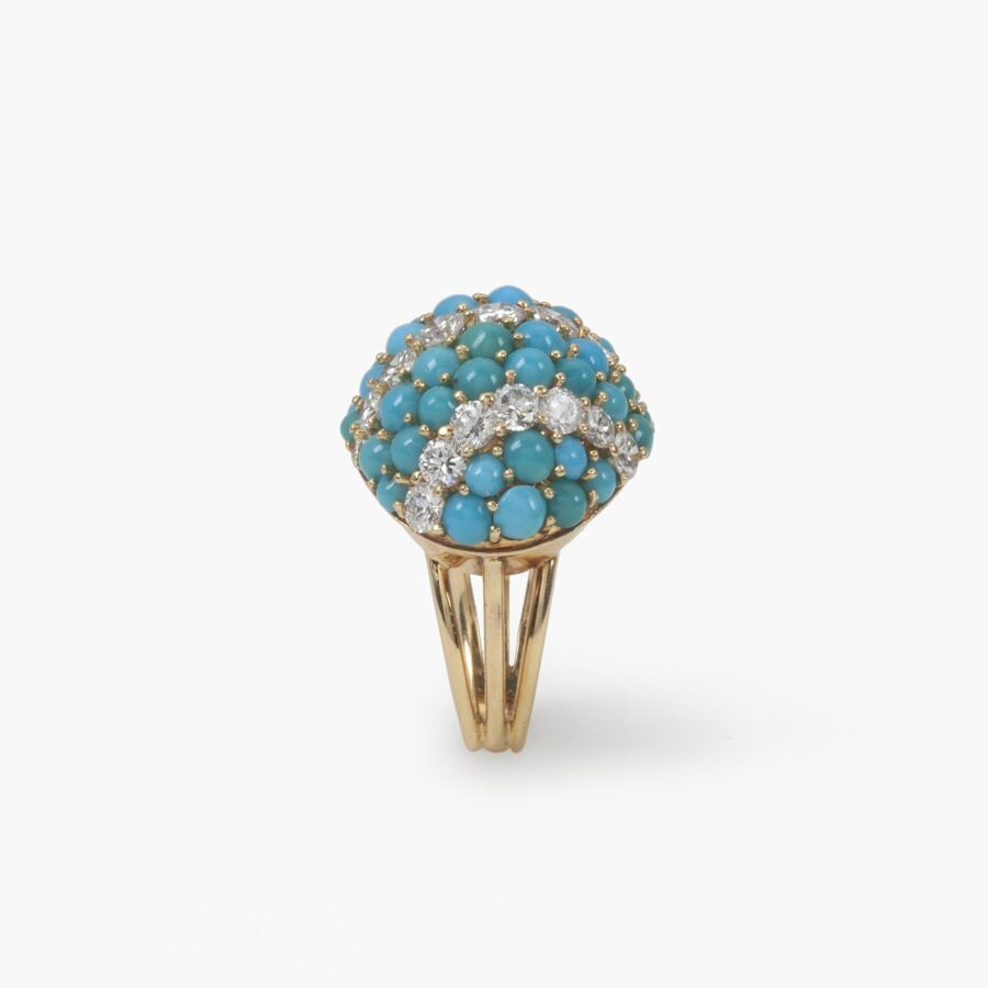 Bracelet with matching clip earrings and ring, all set with cabochon cut turquoise and diamond, with maker's mark of Georland, Paris, made ca 1960.