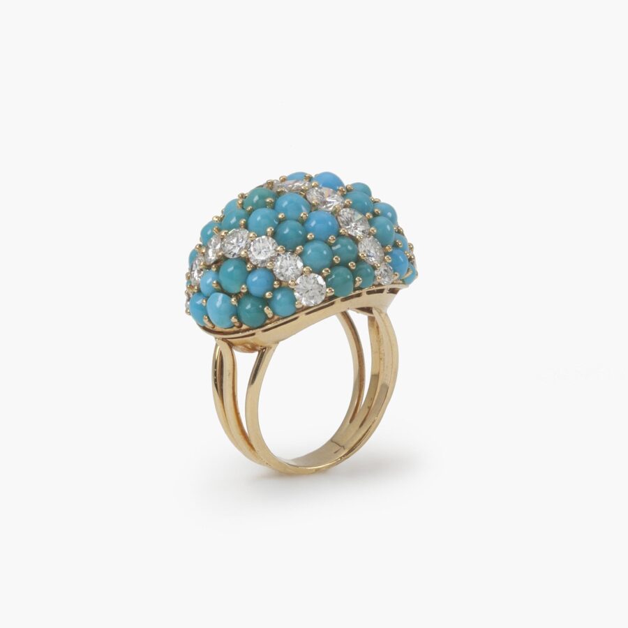 Bracelet with matching clip earrings and ring, all set with cabochon cut turquoise and diamond, with maker's mark of Georland, Paris, made ca 1960.