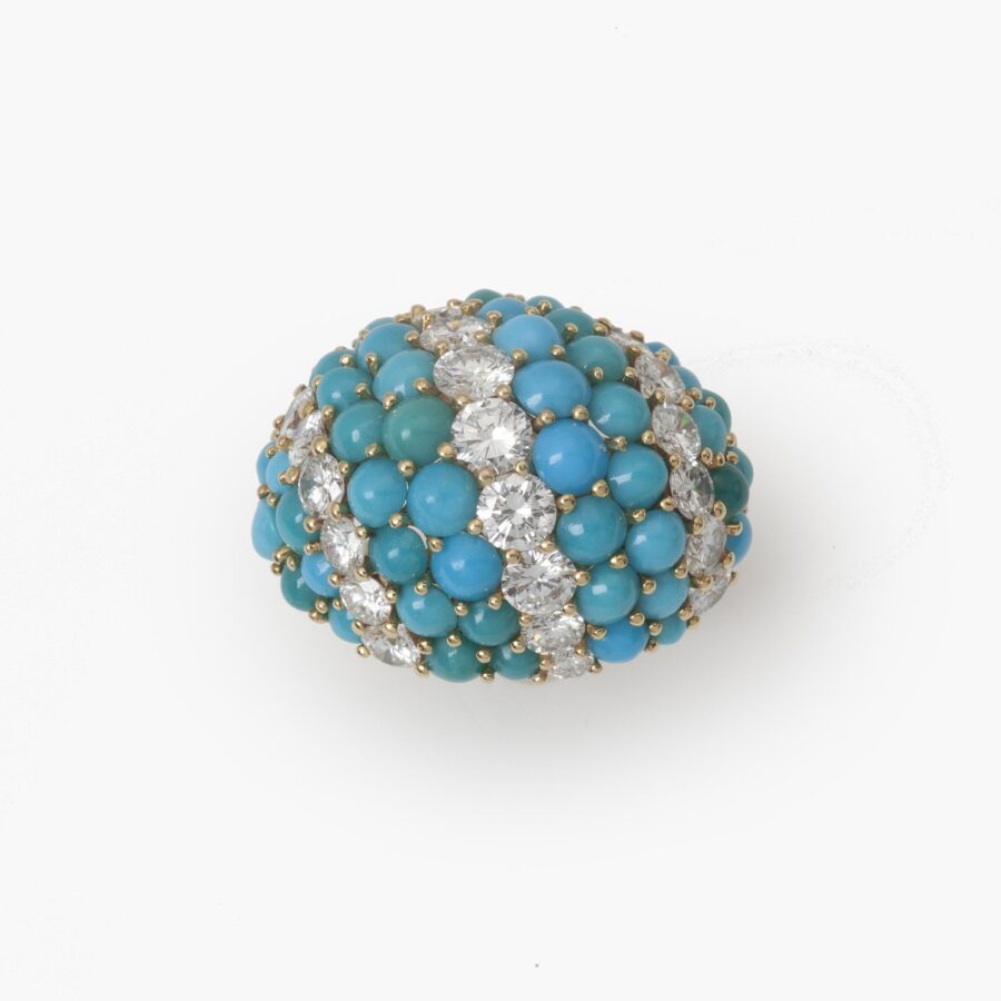 Bracelet with matching clip earrings and ring, all set with cabochon cut turquoise and diamond, with maker's mark of Georland, Paris, made ca 1960.