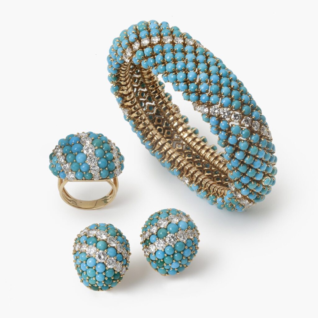 Bracelet with matching clip earrings and ring, all set with cabochon cut turquoise and diamond, with maker's mark of Georland, Paris, made ca 1960.