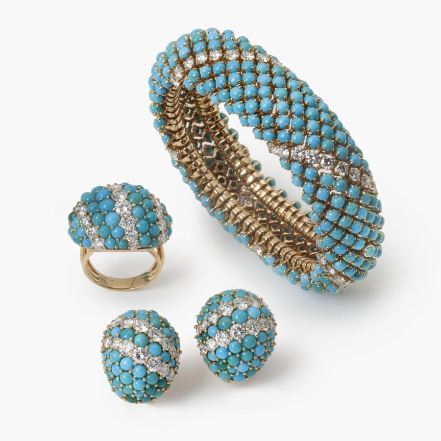 Bracelet with matching clip earrings and ring, all set with cabochon cut turquoise and diamond, with maker's mark of Georland, Paris, made ca 1960.