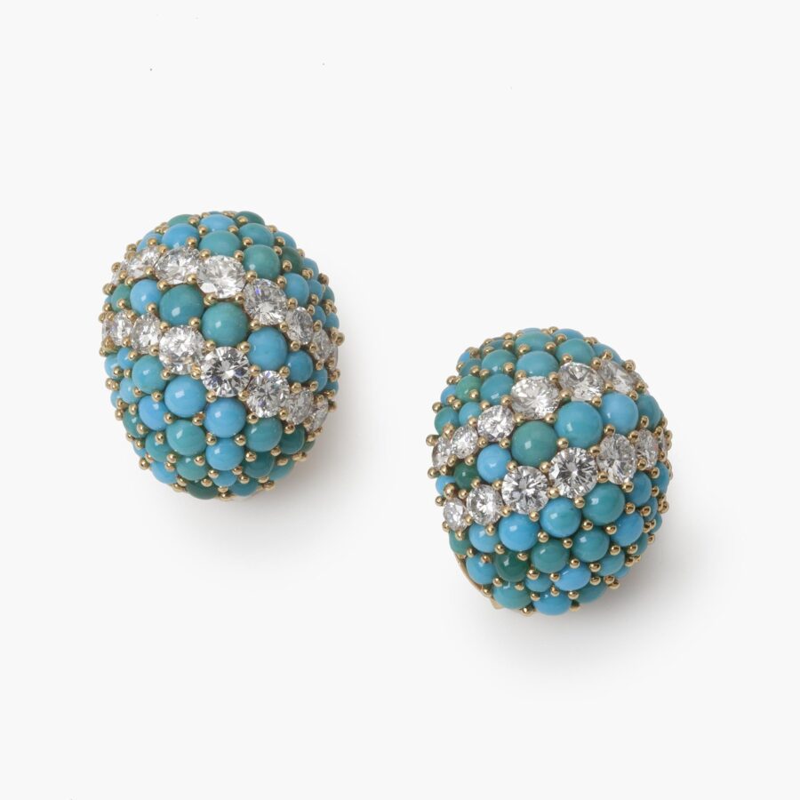 Bracelet with matching clip earrings and ring, all set with cabochon cut turquoise and diamond, with maker's mark of Georland, Paris, made ca 1960.